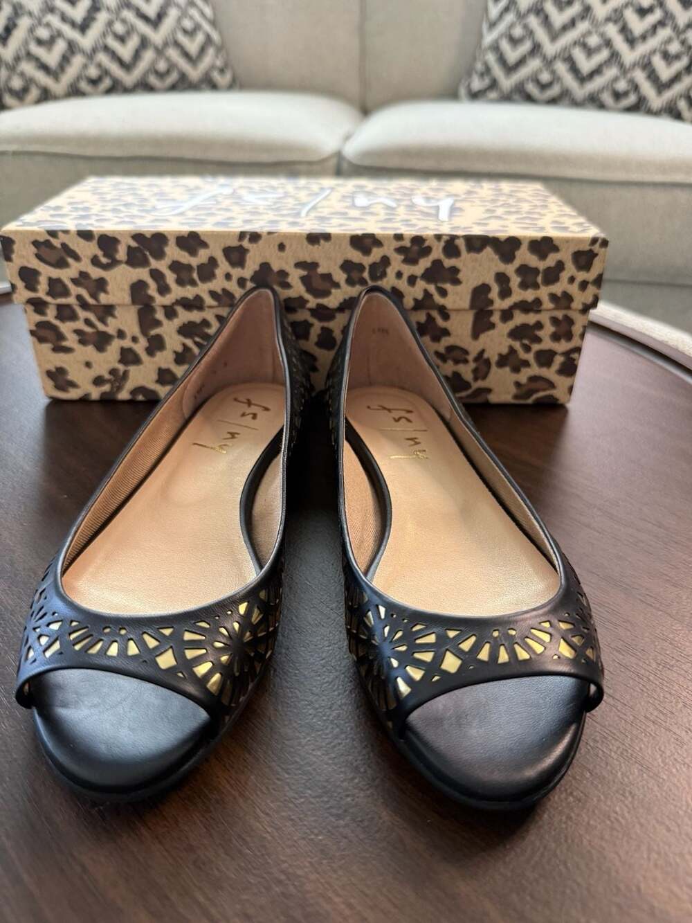 FS/NY French Sole Reform Black Nappa Leather Cutout Peep Toe Flats